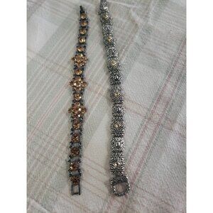 Pair (2) Unsigned Estate Victorian Revival Art Glass Chain Bracelets Silver Tone